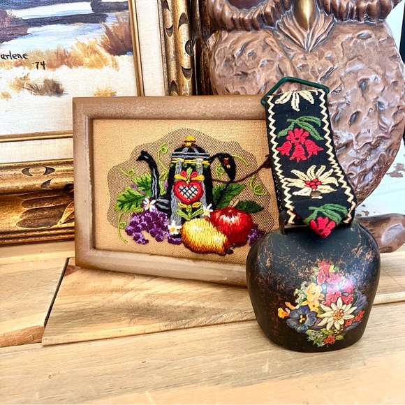 Art Vintage Sunset Designs Teapot Framed Crewel With Hand Painted Cow